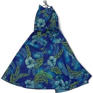 Vintage Hukilau Fashions Hawaii Blue Hibiscus Wrap Halter Maxi Dress S/M